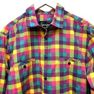 TOPMAN Mens Shirt Large Colorful Check Long Sleeve Button Up Cotton Modern